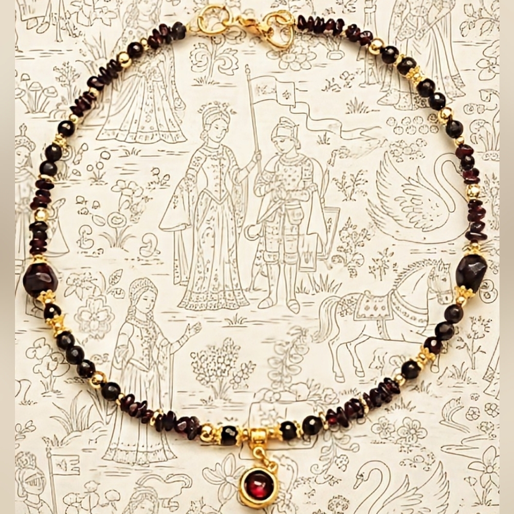 Genuine Garnet  In Dainty Beautiful  Gold Necklace Or Choker